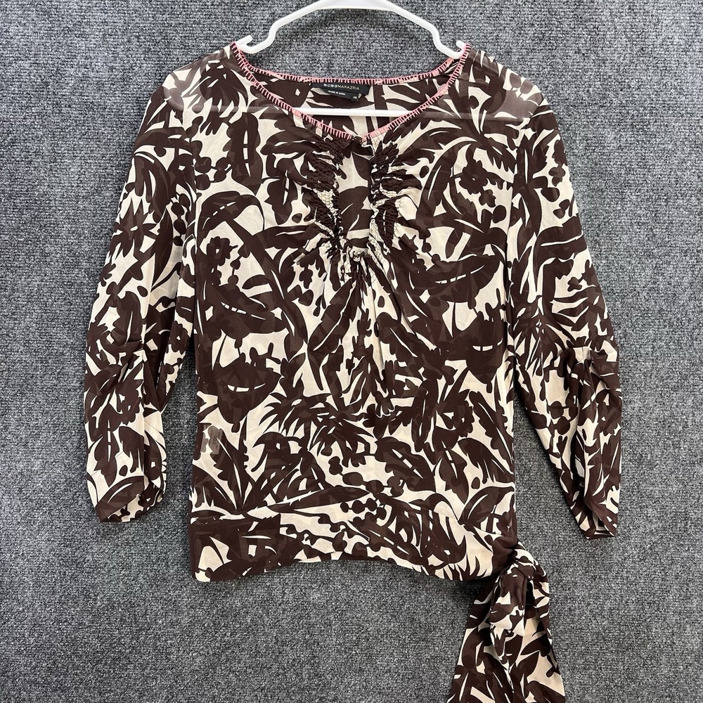 BCBG Maxazria Women XS Cream Brown Floral Sheer Key Hole Top 100% Silk Side Tie